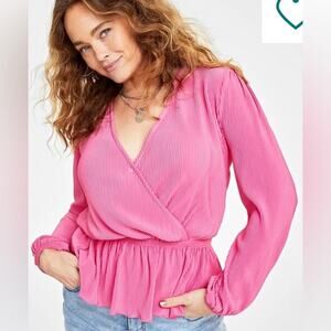 NWT‎ ON.34th AZALEA PINK PLISSE SURPLICE NECK PEPLUM TOP SIZE X-LARGE